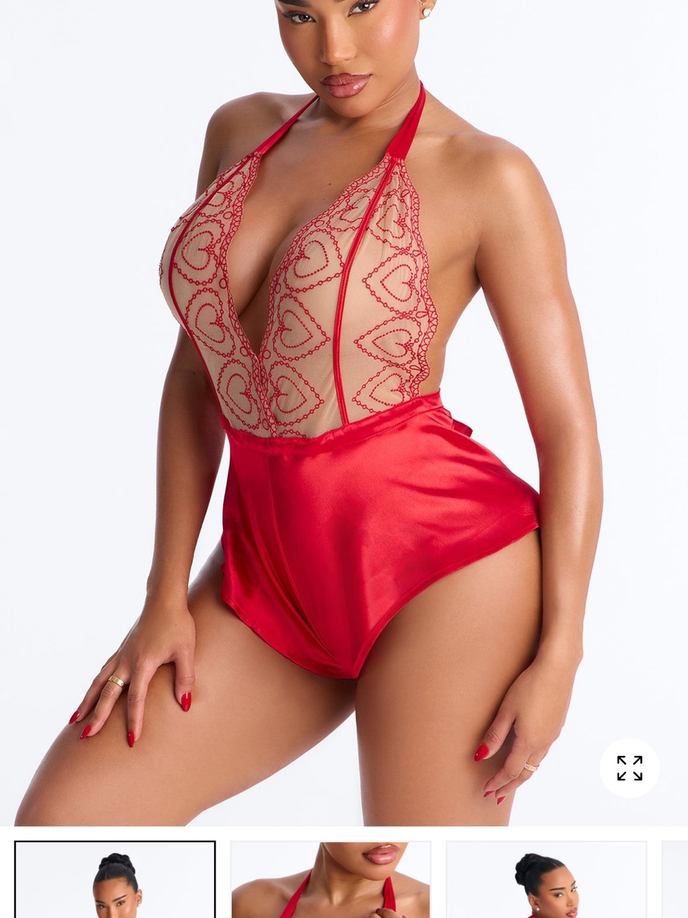 2/60$🔥Red Heart Lace Satin Halter Teddy Bodysuit - Women Intimates
